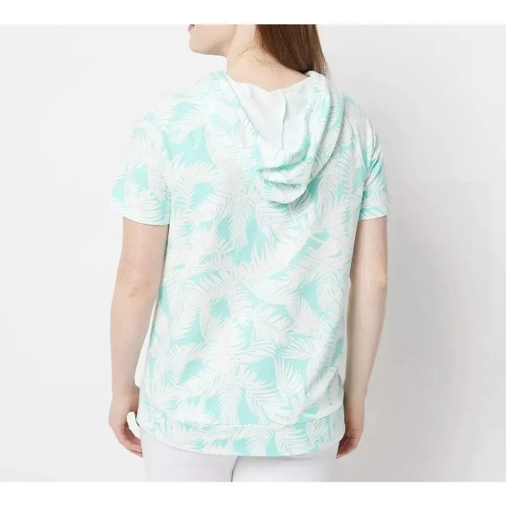 Belle Beach by Kim Gravel French Terry Short Sleeve Hoodie Light Aqua Palm XL - Picture 2 of 12